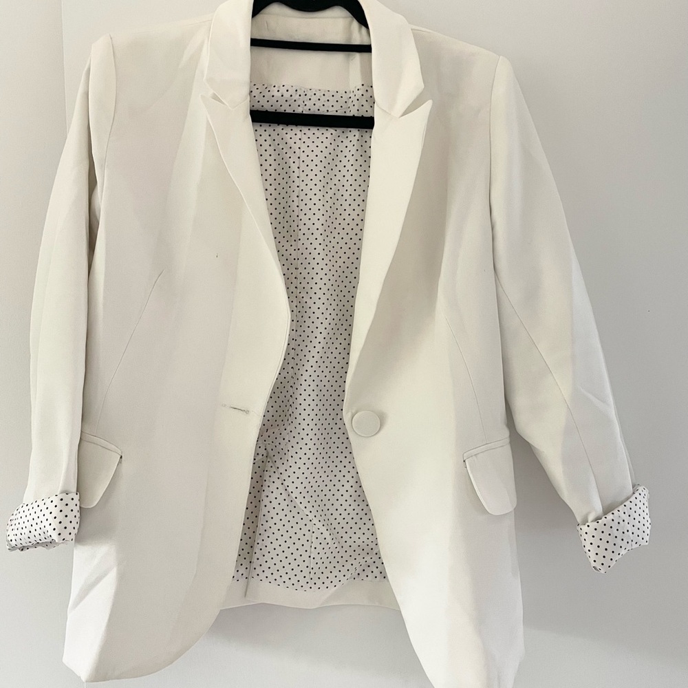 White Women's Blazer with Polka Dot Lining